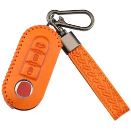 QIULIFAN Key Cover for FIAT 500 Bravo Ducato Doblo Fiorino Lancia Panda Grande Punto Scudo Sedici Stilo Qubo Key Fob 3 Button Leather Key Case with Keychain, Orange