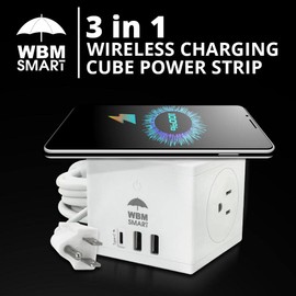 Power Strip Cube by WBM, 10A Surge Protector Wireless Charger Station, 2 AC Outlets, 2 USB Ports & Type C Plug with Heavy-Duty Extension Cord 6ft, Home Office Supplies, Dorm Room Essentials, White