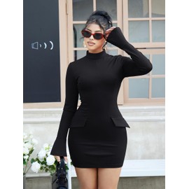 YMDUCH Women's Long Sleeve Mock Turtle Neck Bodycon Mini Tank Short Party Dress Black