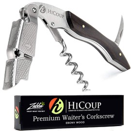 Hicoup Wine Opener - Professional Corkscrews for Wine Bottles w/Foil Cutter and Cap Remover - Manual Wine Key for Servers, Waiters, Bartenders and Home Use - Stainless Steel w/Ying Yang Resin Inlay