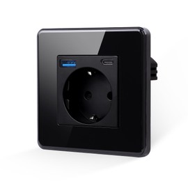 JIMEIDA Single Socket Black, 2.5D Curved Glass Plate 16 Amp Schuko Sockets with USB-A and Type-C Port 2.1 A Flush-Mounted Protective Contact Wall Socket 86 x 86 mm, 250 V