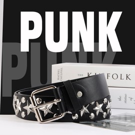 MILAKOO Studded Rivets Punk Leather Belts Hip Hop Hook and Eye Closure Star Y2K Emo Grunge Belt