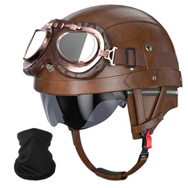 German Style Motorcycle Helmet - DOT Approved Vintage Leather Novelty Half Helmets for Motorcycle with Goggles/Visor, Removable Lining/Earmuffs, for Cruiser Scooter Chopper Moped, for Adults Men Women