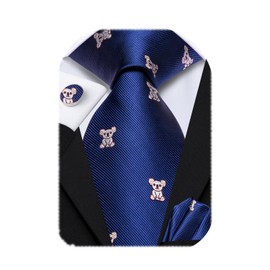 Hi-Tie Men Blue Koala Neck Ties Sets Silk Jaquard Funny Necktie Pocket Square Cuff-links Sets Wedding Business Holiday