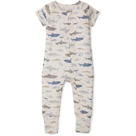 Loulou Lollipop Tencel Lyocell Short Sleeve Zipped Romper - Smiley Sharks 12-18 M, Baby Footie