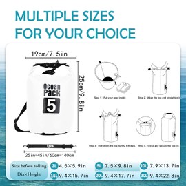 Dry Bag 5L, Boat Dry Bags White Waterproof Bag Dry Sack Roll Top Long Adjustable Shoulder Strap 2L/5L/10L/20L/30L/40L for Drifting Boating Kayaking Fishing Rafting Swimming Camping Canoeing Surfing