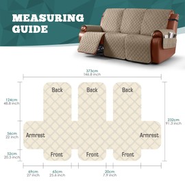 Ruaozz Waterproof Recliner Couch Covers 1-Piece Sofa Covers Washable Recliner Covers Non-Slip Furniture Protector with Elastic Straps Pocket for Kids, Pets (Khaki, 3 Seater)