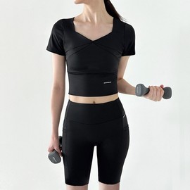 Sports Tension Crop Short Sleeve Biker Shorts 5-Part Leggings Set (DBC1903-1902) Top (Grey) XL / Bottom (Black) L 3ea