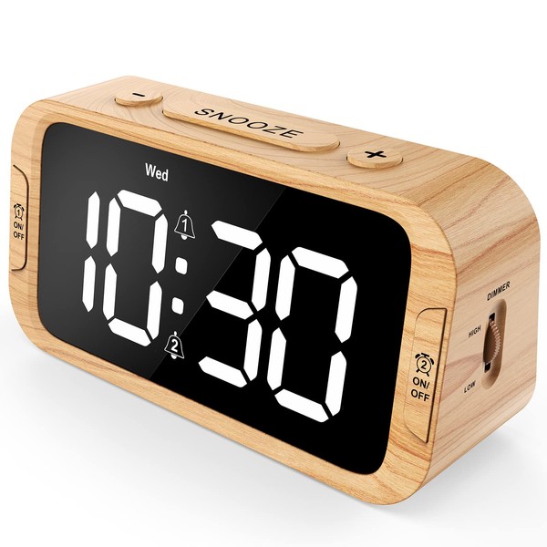 Odokee Digital Dual Alarm Clock for Bedroom, 0-100% Dimmer, Weekday/Weekend Mode, Easy to Set, USB Charger, Adjustable Alarm Volume with 5 Alarm Sounds, Snooze, 12/24Hr, Battery Backup (Wood Grain)