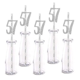 Silver Happy 57th Birthday Straw Decor, Silver Glitter 24pcs Cut-Out Number 57 Party Drinking Decorative Straws, Supplies