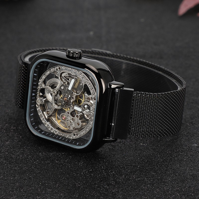 FORSINING Stainless Steel Strap Waterproof Hollow Automatic Mechanical Men WatchBlack