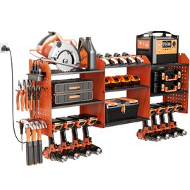 Xankzi Power Tool Organizer with Charging Station Wall Mount, 3 Layer Expanded Heavy Duty Garage Organization, 45.5 Inch Length Garage Tool Storage, 8 Drills, 2 Assemble Method, Orange