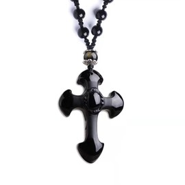 TTXSHYH Black Obsidian Cross Necklace, Natural Obsidian Cross Healing Crystal Energy Stone Protection Amulet Charm Pendant Necklace for Women Men Couples Pendant Necklace with Adjustable Bead Chain