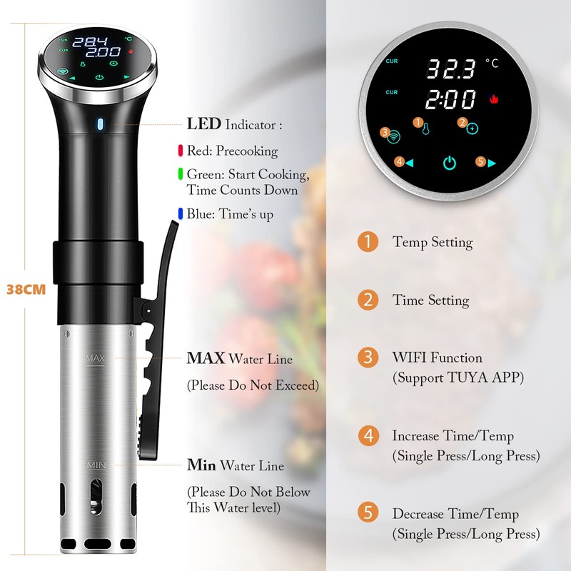 SURLABA WiFi Sous Vide Cooker, 1100W Precision Cooker, Slow Water