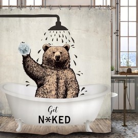 Yookeb Bear Funny Animal Bathroom Shower Curtain Brown Cute Rustic Bathtub Farmhouse Rustic Kids 60W by 71H Inch Hilarious Polyester Fabric 12 Plastic Hooks Waterproof Decor