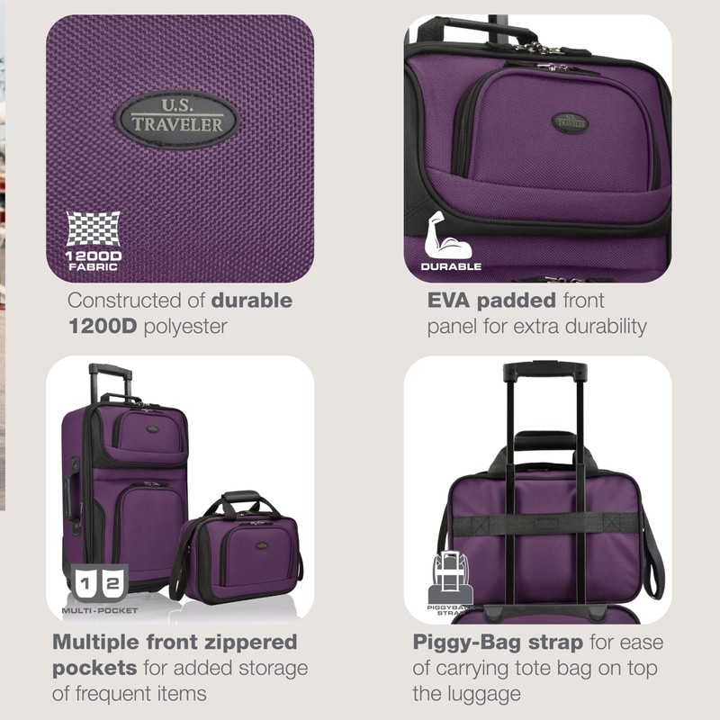 U.S. Traveler Rio Lightweight Softside Rolling Carry-on Suitcase, 2-Wheel Set,