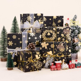 Rancco Christmas Wrapping Paper, Black and Gold Wrapping Paper, Christmas Tree Snowflake Reindeer Glitter Foil Xmas Wrap papers for New Year, Party, Birthday, Wedding, Holiday, 6 Pcs 29.5x19.6in
