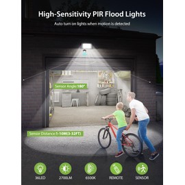 30W Security Lights Outdoor Motion Sensor, PIR Flood Light with Remote Control, IP66 Waterproof, 36 LEDs, Cool White, 6500K, 2700LM, Outdoor Lights Mains Powered for Garden Corridor Entrance Backyard