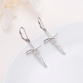 Jesus Dangle Fishhook Earrings for Women 925 Sterling Silver Dainty Religious Jesus Cross Earrings Birthday Jewelry Religious Gift for Women Daughter