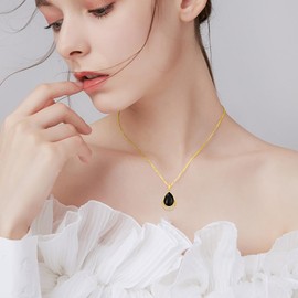AINFQY Black Onyx Necklace Yellow Gold Plated 925 Sterling Silver Cubic Zirconia Teardrop Black Onyx Pendant Necklace Jewelry for Women (B-Black Onyx Yellow Gold Plated)