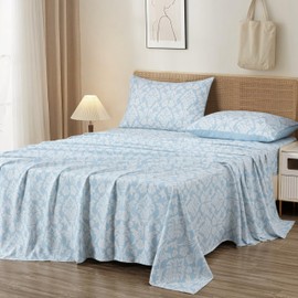 Chezmoi Collection 4-Piece Ivy Floral Medallion Bed Sheet Set, Queen Size - Blue/White Floral Printed Microfiber Soft Breathable Deep Pocket Sheets and Pillowcases Set