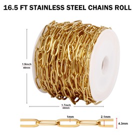[16.5FT] 18K Gold Plated Paperclip Chains for Jewelry Making, 4.3mm Wide 304 Stainless Steel Paperclip Link Chain Roll Bulk for DIY Jewelry Making Craft