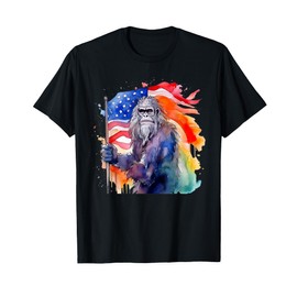 Bigfoot Watercolor Artwork American Flag 4th Of July Art USA T-Shirt