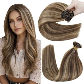 Hetto U Tip Hair Extensions Human Hair Dark Brown Highlights Caramel Blonde Keratin Hair Extensions Brown Human Hair for Women 50s 50g 18in