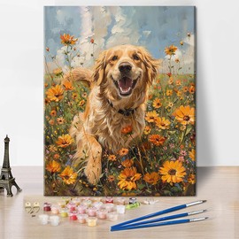 TUMOVO DIY Paint by Numbers Golden Retriever Playing Paint by Number for Adults with Paintbrushes Field of Wildflowers Painting by Numbers Kits on Canvas Art Crafts, 16"x20"(Frameless)