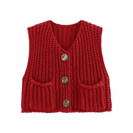 Sukany Women's Button Up Sweater Vest Sleeveless Crochet Chunky Knit Cropped Jumpers Tops Red L