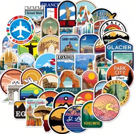 HannaFires 50pcs Travel Landmark Stickers – Waterproof Vinyl Adventure Stickers for Luggage, Laptop, Bike, Skateboard – Cartoon World Famous Cities Including London Eye, NYC, Paris, Hong Kong & More