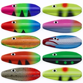 Njord Kalastus Continuous Indicator Set in Box 3.9 g Inline Spoon Trout UV Active and Self-Luminous 3D Eyes Continuous Indicator Trout Bait Inline Spoon Inline Spoons Trout (Set of 10)