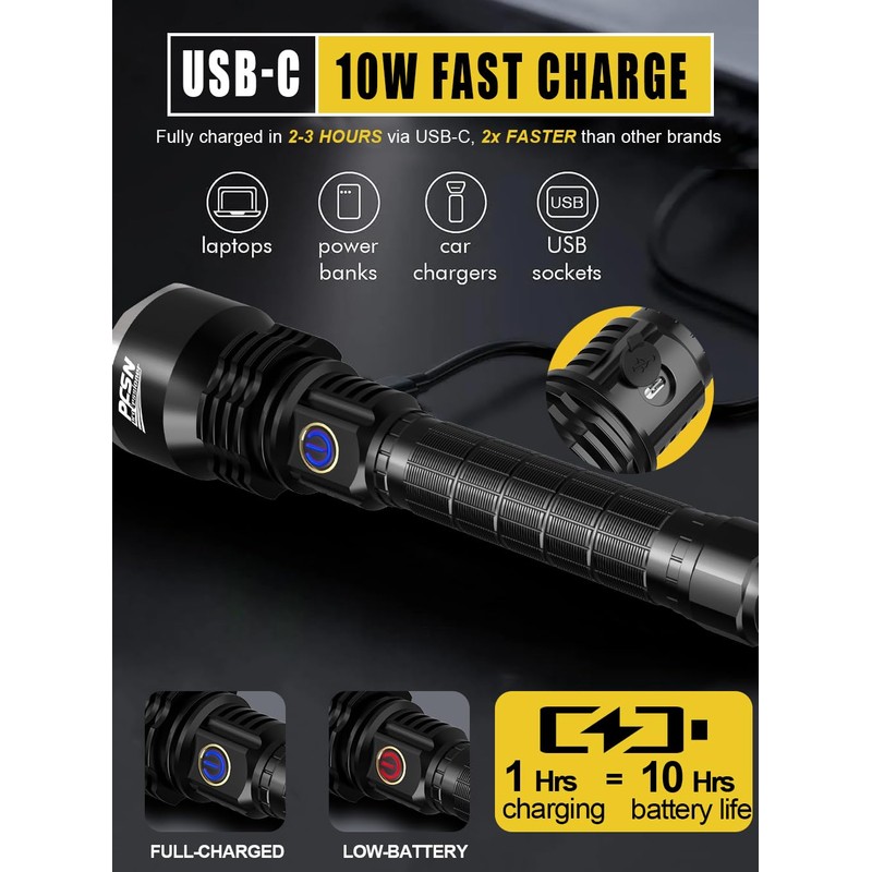 Brightest Rechargeable Flashlights High Lumens - PFSN Super Bright Tactical