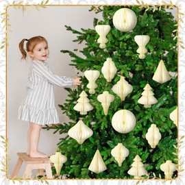 Rossesay 27 Pcs Paper Christmas Ornaments Xmas Mini Paper Honeycomb Lantern with Glitter Edge Vintage Christmas Party Decoration Christmas Paper Tree Ornaments for Party Tree Indoor(Gold)