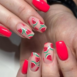 Short Square Press on Nails Summer Fake Nails with Watermelon Design Pink Red Acrylic False Nails Glue on Nails Glossy Full Cover Cute Acrylic Stick on Nails for Women Girls 24 Pcs