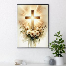 Cross Diamond Painting Kits for Adults, Jesus Cross Diamond Art Kits for Adults Beginners, 5D DIY Flower Round Full Drill Painting with Gem Art Craft Kit for Home Wall Decor 12x16 Inch