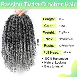 Passion Twist Crochet Hair 12Inch Passion Twist Hair 8 Packs Pre-Twisted Passion Twist Crochet Hair for Black Women Soft Passion Twist Curly Crochet Hair 12"(Pack of 8) T51