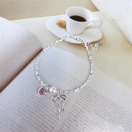 Dainty Pink Heart CZ Bow Dangle Drop Sterling Silver Plated Pearl Beaded Bracelets for Women Minimalist Heart Love Charm Bracelet Adjustable Chain Fashion Jewelry Birthday Valentine's Day Gift Her