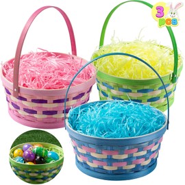 JOYIN 3 Pcs Easter Bamboo Basket with Tricolor Grass Paper Shred, Easter Eggs Wiker Woven Basket with Handle for Picnic, Party Favors, Decorations