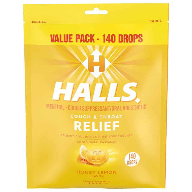 Halls Relief Honey Lemon Cough Drops, Value Pack, 140 Drops