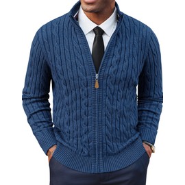 PJ PAUL JONES Mens Sweaters Cardigan Zip Up Stand Collar Sweaters Knitted Vintage Cardigans Indigo Blue