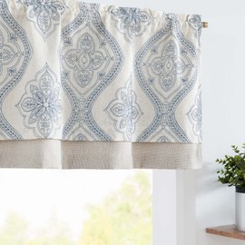 jinchan Linen Valance Curtain 18 Inch Length Medallion Damask Embroidered Kitchen Small Drapes for Windows Double Layer Valance for Living Room Farmhouse Rustic Curtain Rod Pocket 1 Panel Blue