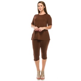 Jostar Women's 2 Piece Set – Short Sleeve T Shirts Top and Capri Pants with Side Slit Solid Casual Outfit Brown