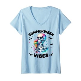 Womens Summerween Vibes Skeleton Ice Cream Summer Vacation Funny V-Neck T-Shirt