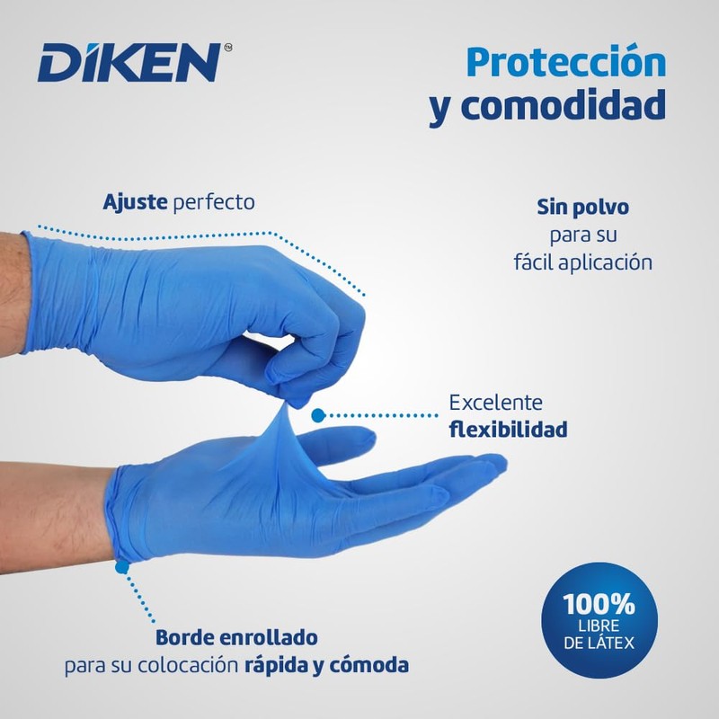 DIKEN Guantes 100% Nitrilo, Grado Alimenticio, Color Azul, SIN Polvo,
