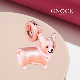 GNOCE Corgi Pendant Charm Sterling Silver Matt 18 Carat Rose Gold Plated Animal Dog Beads Charm Fit Bracelet/Necklace Christmas Gift for Women Girls Daughter, Silver, Cubic Zirconia