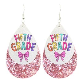 Shiny First Day of School Leather Dangle Earring Back To School Grade Earrings for Teacher Students Teacher's Appreciation Jewelry Gifts(Fifth Grade)