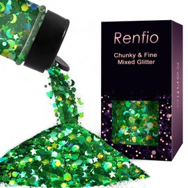 Renfio Mixed Shapes Confetti, Star Confetti Holographic Chunky Glitter, 1.75oz/50g Green Glitter Heart Moon Circle Sequins St Patricks Glitter for Crafts for Nail Art Resin Tumblers - Green Wonderland