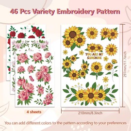 Peacoblue Water Soluble Embroidery Patterns with Color for Beginners, Various of Flowers 4 Sheets with 46pcs Wash Away Embroidery Pattern Stabilizer for Hand Sewing Women Adults
