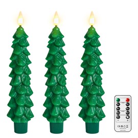 Daord Christmas Tree Taper Candles with Remote & Timer, Green LED Candlesticks Wax Battery Operated Green Tree LED Candle for Christmas Home Holiday Decoration (3pcs,7inch)